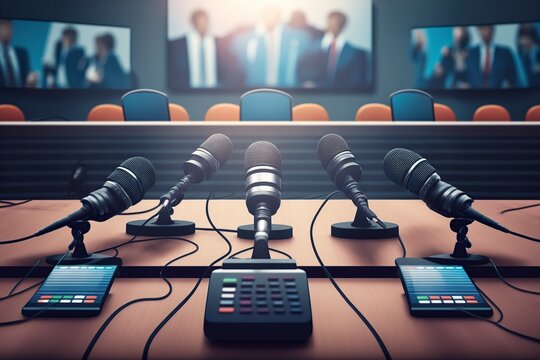 Image, Empty Press Conference Table With Microphones, Generative Ai