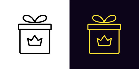 Outline gift box icon, with editable stroke. Gift box frame with crown sign, royal present pictogram. Premium gift, luxury present, royal prize and giveaway, best surprise.