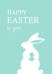 Easter greeting card cute bunny with chicken egg blue vintage design template vector flat illustration