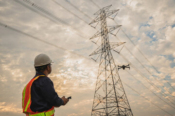 Asian electrical engineer wearing safety gear working high voltage pylon Engineering work on high-voltage pylons at power stations using drones to view power generation planning from high-voltage pylo - obrazy, fototapety, plakaty