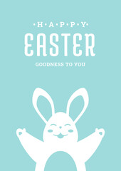 Happy Easter hug smiling bunny portrait with open paws vintage greeting card design template vector flat illustration
