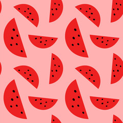 Pink juicy watermelon slices girly seamless pattern. Red fruit pieces with seeds.