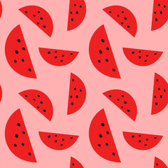 Pink juicy watermelon slices girly seamless pattern. Red fruit pieces with seeds.