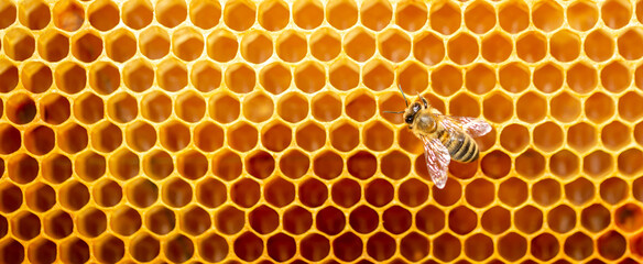Beautiful honeycomb with bees close-up. A swarm of bees crawls through the combs collecting honey....
