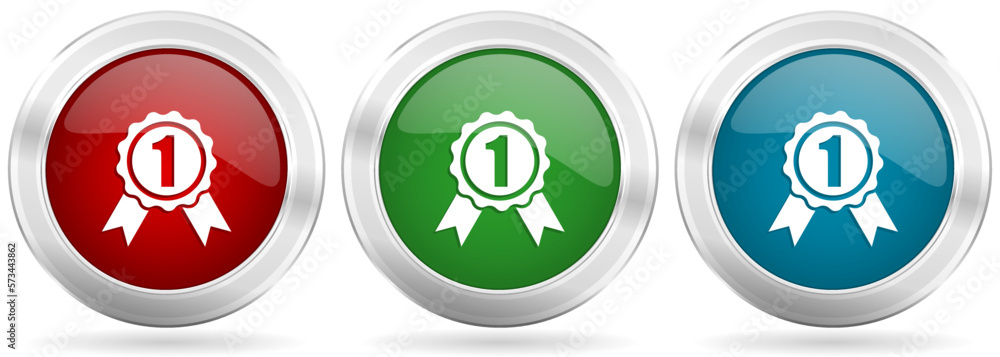 Poster badge, first, number one vector icon set. red, blue and green silver metallic web buttons with chrom