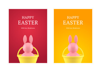 Easter holiday bunny toy basket 3d greeting card set design template realistic vector illustration
