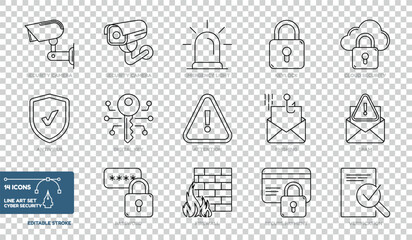 Line Art Collection Of Cyber Security Icons Set - Different Vector Illustrations Isolated On Transparent Background