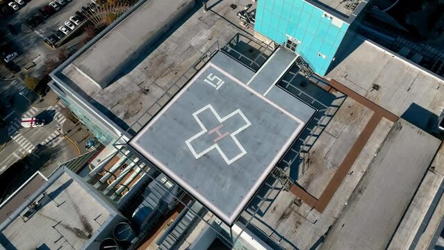 Helipad On Rooftop Of Surrey Memorial Hospital (SMH) In Canada. - aerial