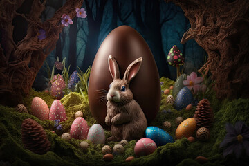 easter bunny with chocolate eggs in a mysterious forest, Generative AI
