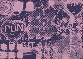 Glitch distorted grunge background . Noise destroyed texture . Trendy defect error shapes . grunge texture . Distressed effect .Vector shapes with a duo tone halftone dots screen print texture.