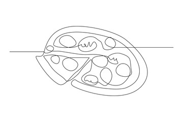 Continuous single one line drawing art of delicious whole cheese pizza. Vector illustration of restaurant menu fast food.
