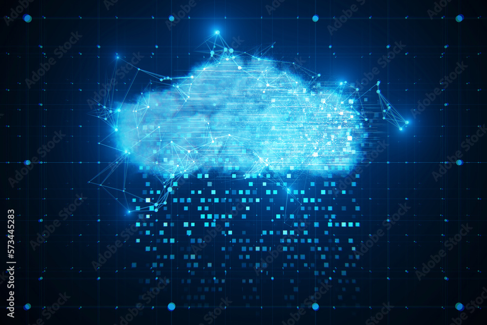 Fototapete Big data cloud storage and innovation concept with light blue polygonal wireframe cloud connection and pixel rain on abstract dark technological background. 3D rendering