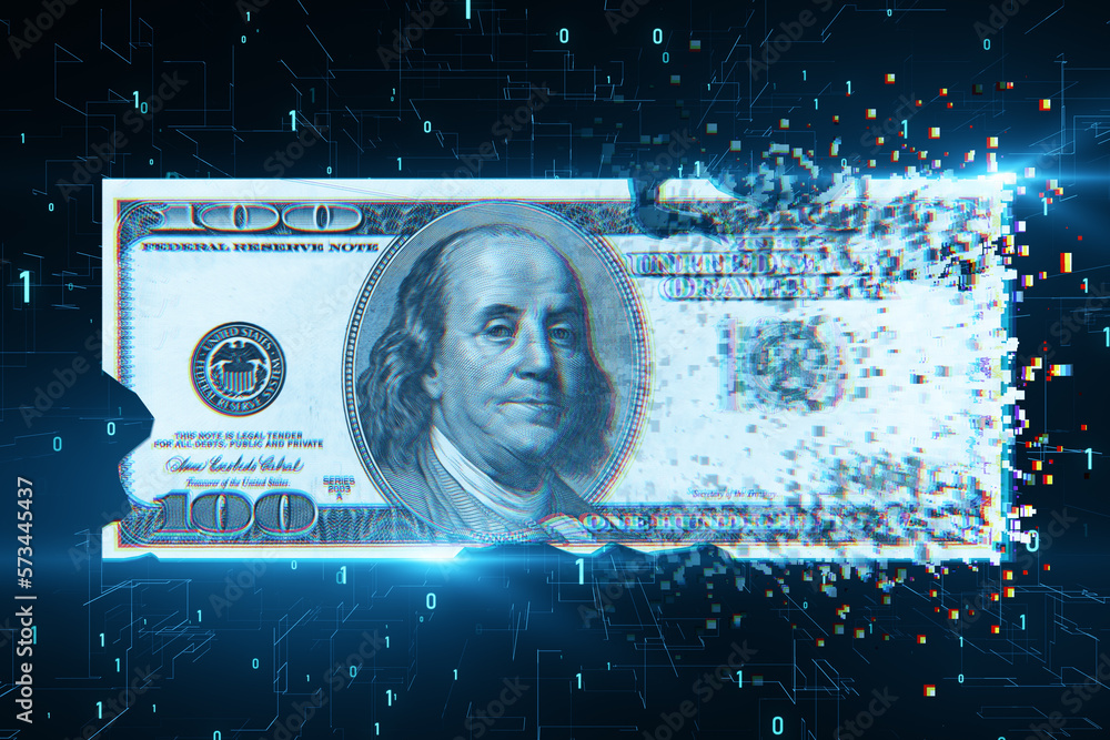Poster Digital dollar bill on blurry tech backdrop with binary coding. Business and finance concept. 3D Rendering.