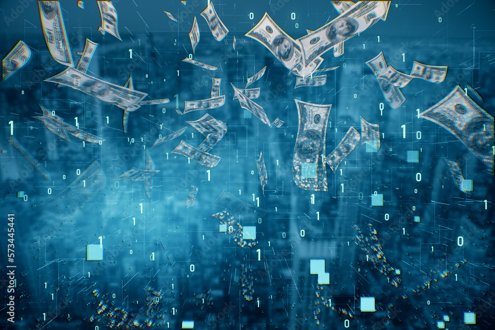 Poster Digital dollar bill on blurry tech city backdrop with binary code. Business and finance concept. 3D Rendering.