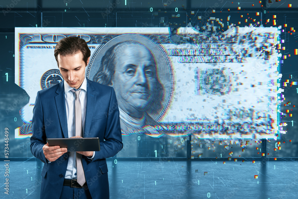 Fototapete attractive young european businessman using tablet with digital dollar bill on blurry tech office ba