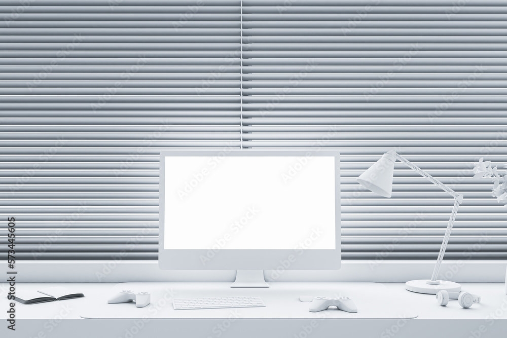 Poster Digital job, blank light modern computer monitor with place for web design or web site on white work table with joystick and keyboard and on window background closed by blinds. 3D rendering, mock up