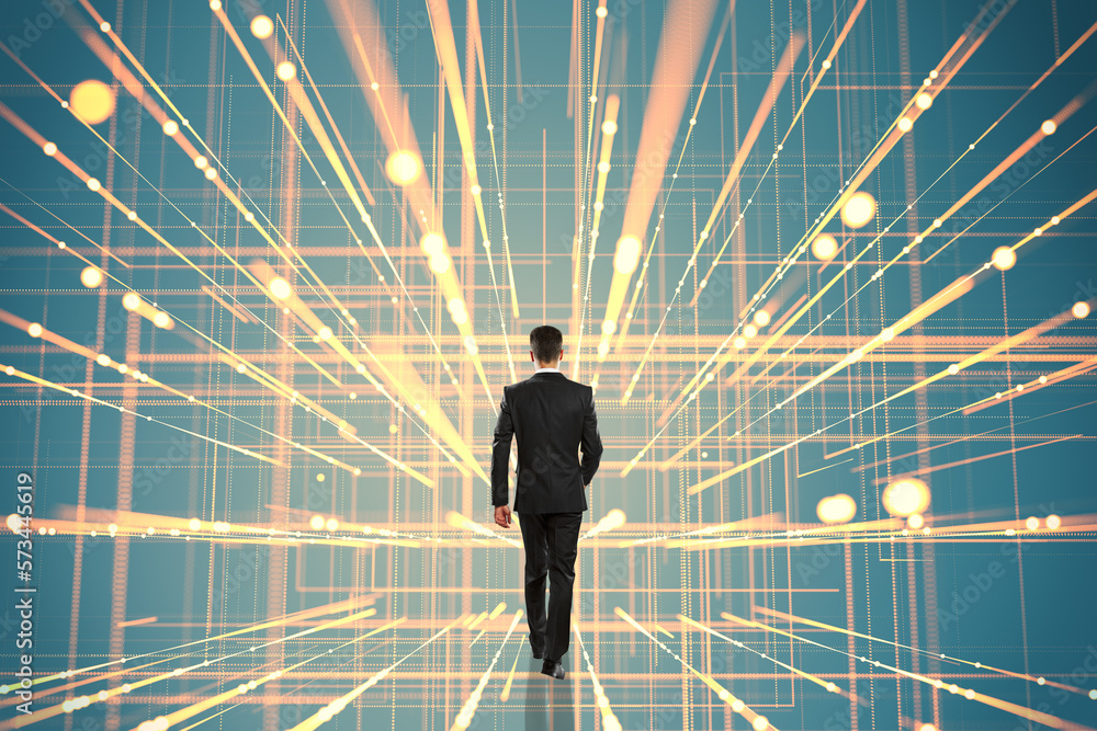 Poster business leadership and success concept with man back view walking towards bright glowing projection