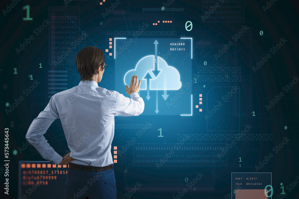 Poster Data transfer and storage technology concept with man back view working with virtual screen wall with digital cloud symbol and arrows in frame on dark technological background
