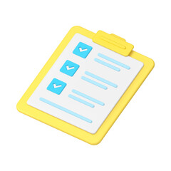 Checklist summary yellow clipboard checkbox complete task to do 3d icon realistic vector