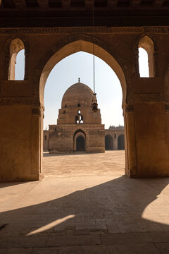 The interior architecture of the courtyard and dome of Ibn Tulin Mosque in Cairo, one of the oldest mosques in Egypt.