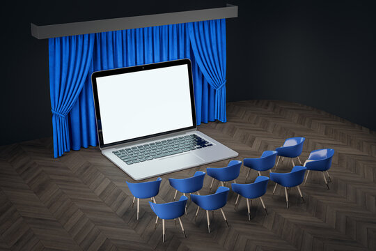 Online movie concept with top view on blank white modern laptop monitor with place for your web site or picture in front of chairs on blue backstage curtain background. 3D rendering, mockup