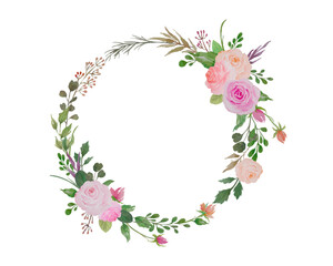 Watercolor floral border, flowers wreath with roses and green leaves illustration