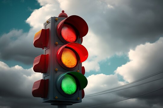 image, traffic light with lights on cloudy sky background, ai generative