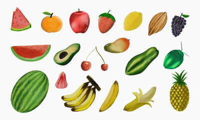 Set of vector Watercolor Fruit icons. Collection of Modern watercolor design