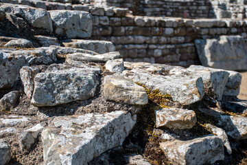 Ruined walls at Roman fort Chesters in Northumberland, UK