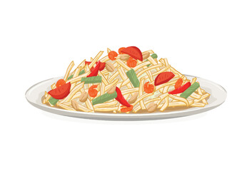 Som Tum, Papaya Salad, Thai Food on white background, Somtum hand drawn, vector illustration.