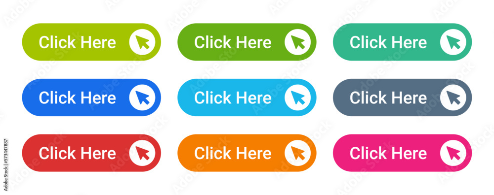 Poster Click here vector button colorful and modern design set isolated with cursor icon.