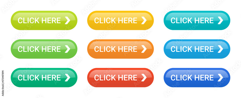 Poster Button click here vector set for web design. Collection of colorful and trendy buttons with arrow.