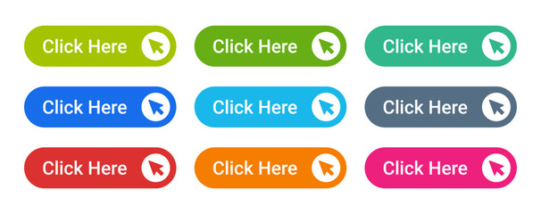 Click here vector button colorful and modern design set isolated with cursor icon.