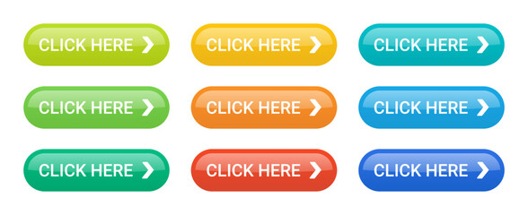 Button click here vector set for web design. Collection of colorful and trendy buttons with arrow.