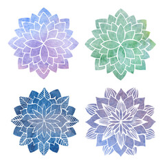 Set of watercolor blue, violet stylized lotus flowers, mandala, oriental circled pattern on white background, vector illustration