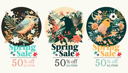 Spring sale illustration set with tropical flowers and birds. Vector illustration.