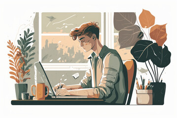 Man working on desk with laptop productive work. Flat design. Generative ai.