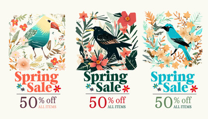Spring sale illustration set with tropical flowers and birds. Vector illustration.