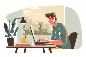 Man working on desk with laptop productive work. Flat design. Generative ai.