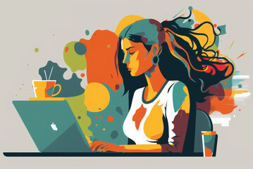 Woman working on desk with laptop productive work. Flat design. Generative ai.