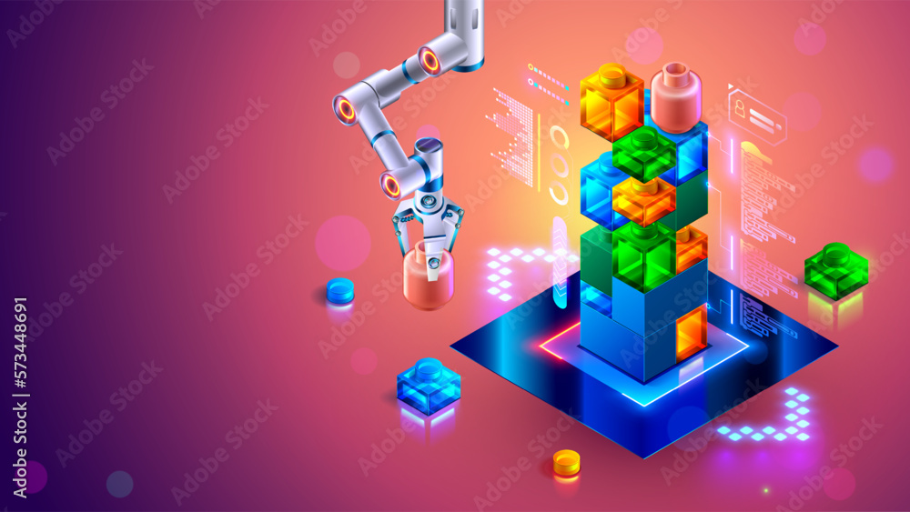 Fototapete Children training of creating computer programs of games. Tech education of kids. Children's learning of programming, coding, AI, robototechnics, computer technology. Online science course banner.