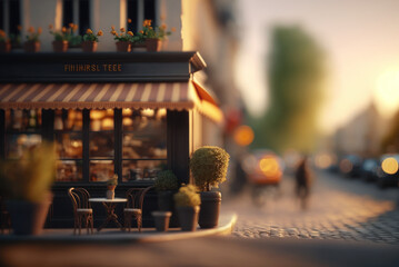 Tilt-Shift,Macro View From the Street of coffee cafe in Tiny Little Town Paris City in daytime, Generative ai. - obrazy, fototapety, plakaty