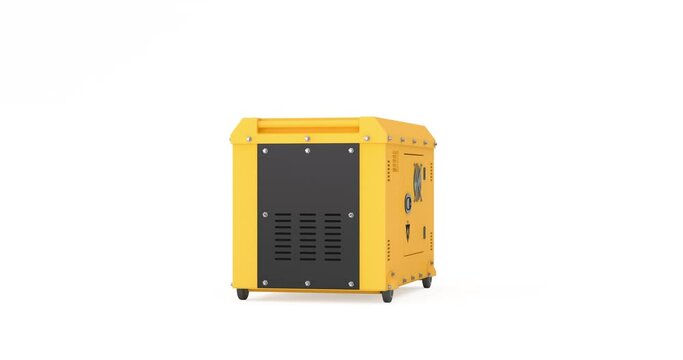 4k Resolution Video: Big Yellow Outside Auxiliary Electric Power Generator Diesel Unit Mockup for Emergency Use. Seamless Looped Rotating on a white background with Alpha Matte