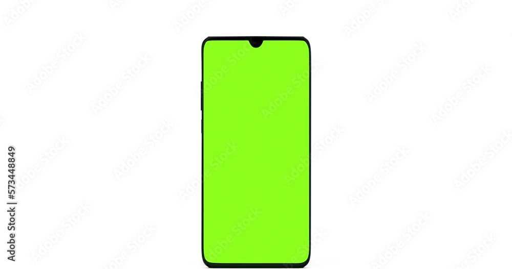 Fototapete 4k Resolution Video: Modern Smartphone Blank Green Screen Jumping and Seamless Looped Rotating on a white background with Alpha Matte