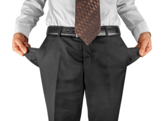Bankrupt business man showing empty pockets hands. png transparent