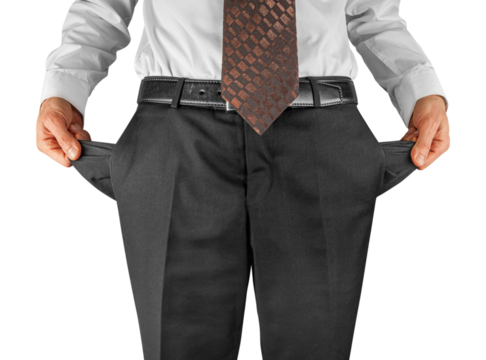 Bankrupt business man showing empty pockets hands. png transparent - Powered by Adobe