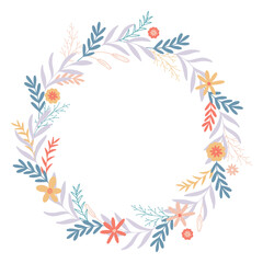 Fototapeta na wymiar Spring flowers and herbs round wreath. Natural botanical circular frame with copy space. Summer floral frame. Delicate blooming leafy rim for card or invitation, vector illustration
