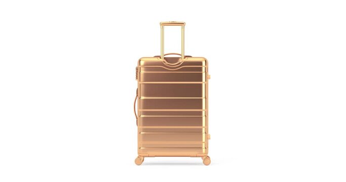 4k Resolution Video: Travel Concept. Golden Modern Suitcase Seamless Looped Rotating on a white background with Alpha Matte