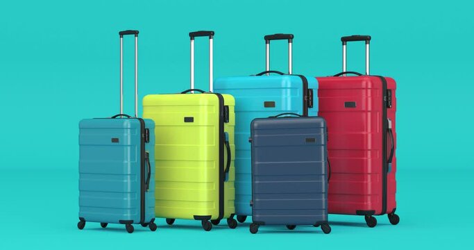4k Resolution Video: Multicolored Сartoon Modern Suitcases. Seamless Jumping on a blue background with Alpha Matte