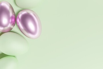 3d render of mint green and pink color Easter eggs on a mint green background